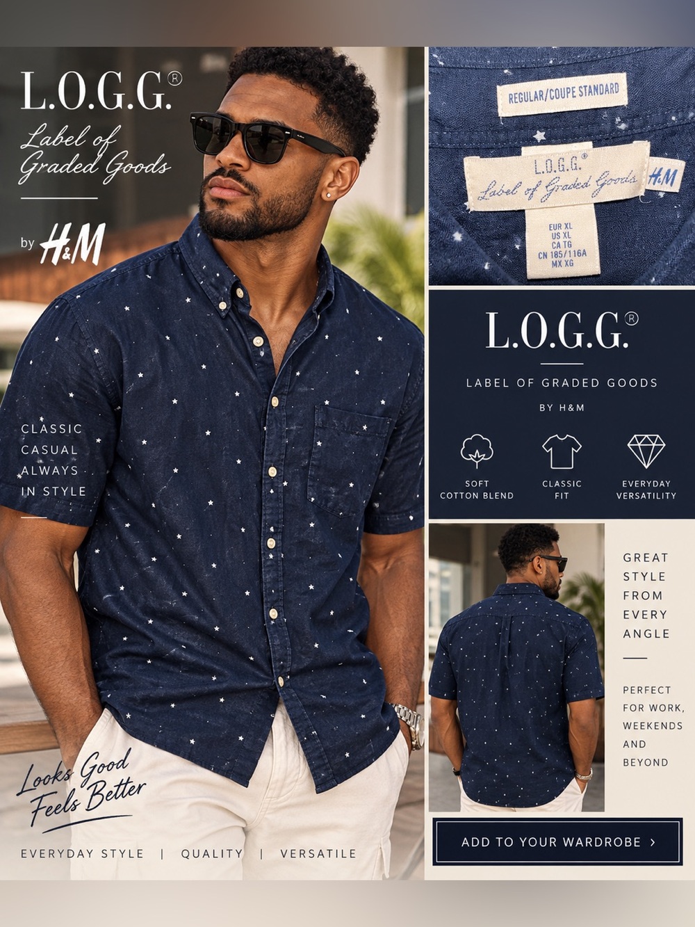 H&M L.O.G.G Men's Navy Short-Sleeve Button-Down Shirt size Med